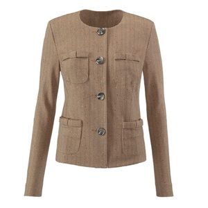 CAbi herringbone knit jacket in medium. Tailored stretch in neutral tan